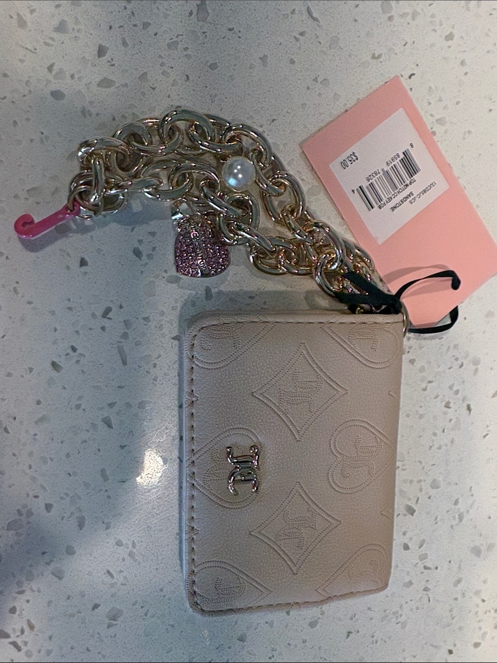 Juicy Couture Cream Embossed Card Case Wristlet with Gold Chain